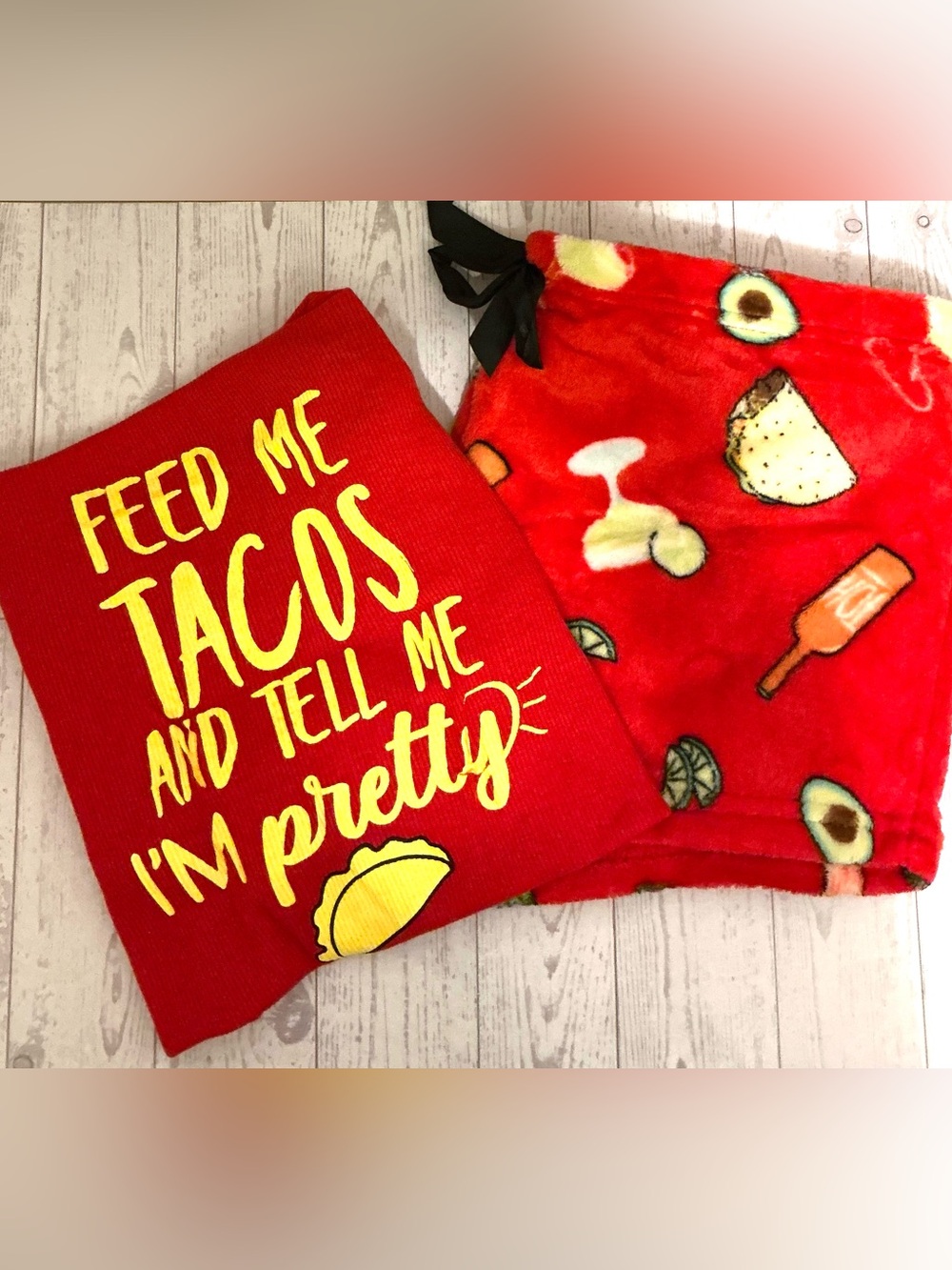 Red Taco Graphic Shirt with Plush Red Matching shorts Loungewear